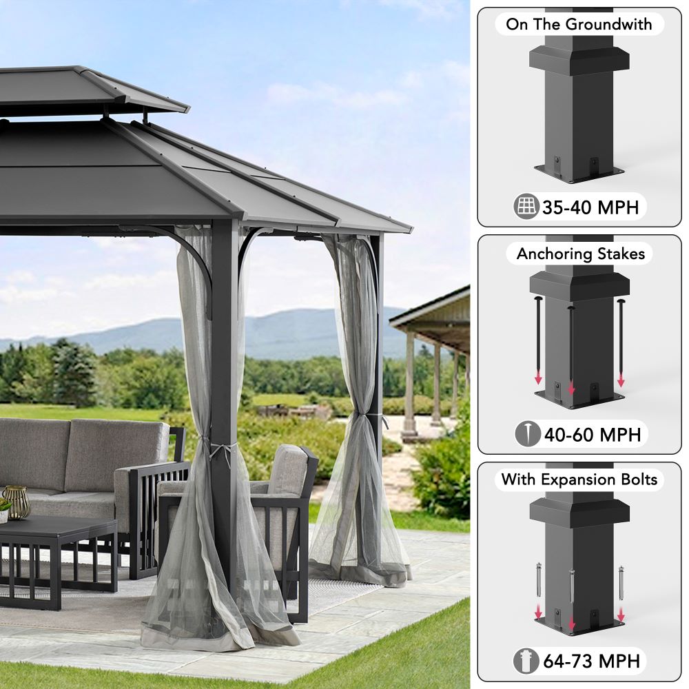 Mazonvintage 10x12 Metal Hardtop Gazebo with Netting and Ceiling Hook -Black