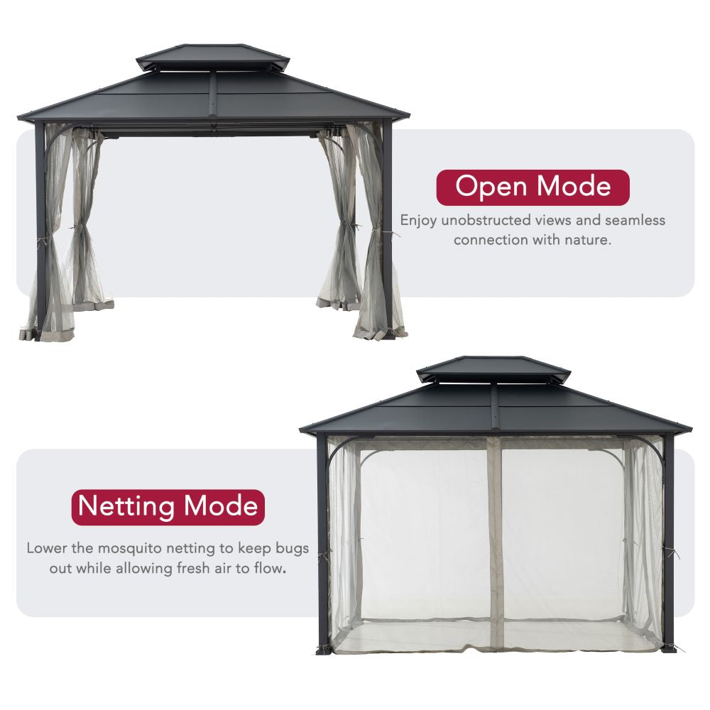 Mazonvintage 10x12 Metal Hardtop Gazebo with Netting and Ceiling Hook -Black
