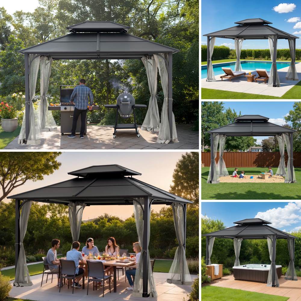 Mazonvintage 10x12 Metal Hardtop Gazebo with Netting and Ceiling Hook -Black