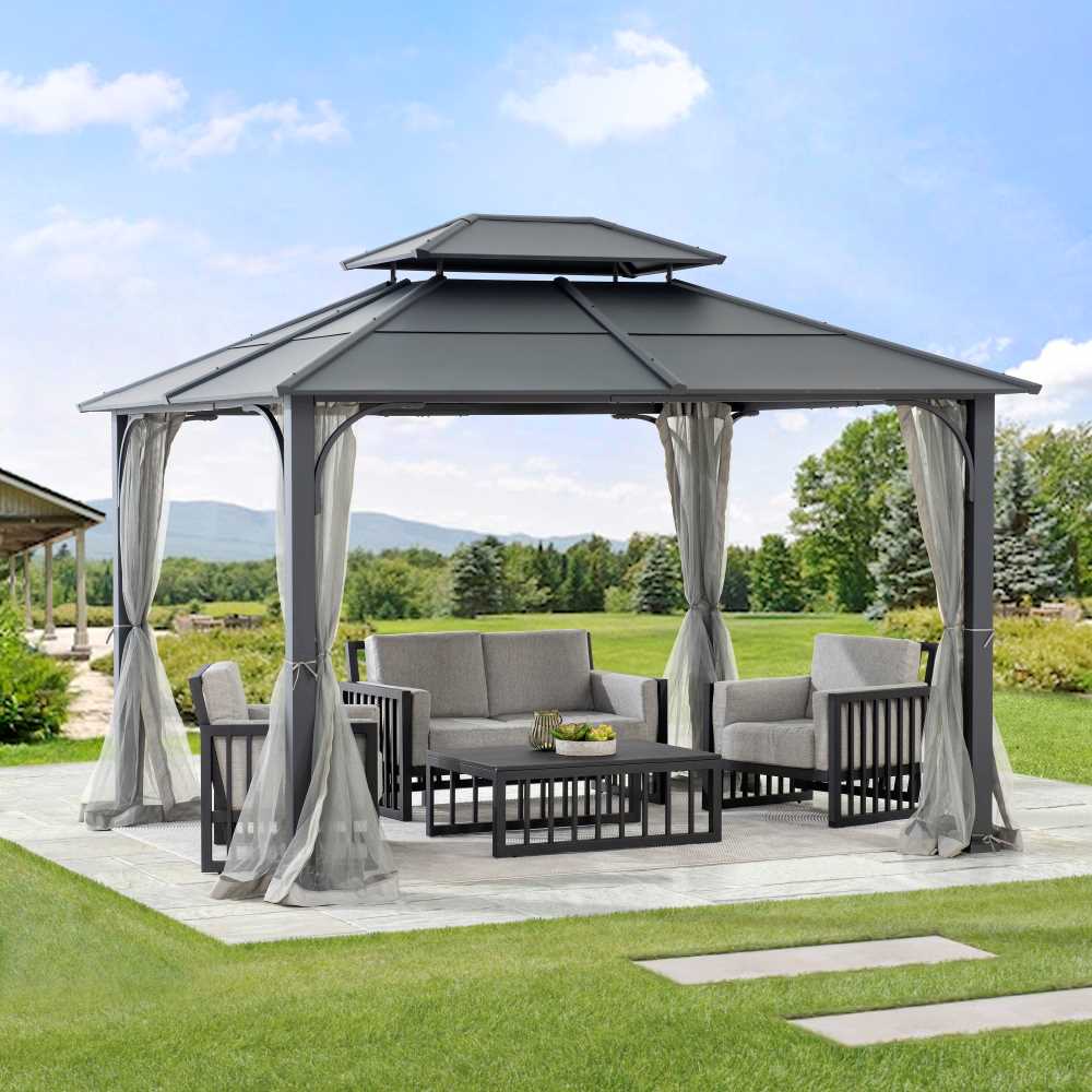 Mazonvintage 10x12 Metal Hardtop Gazebo with Netting and Ceiling Hook -Black