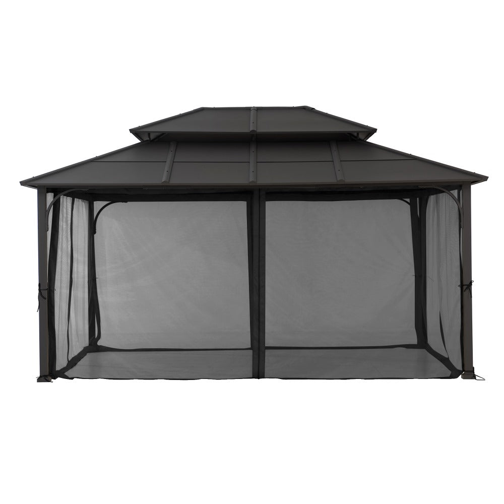 Mazonvintage 12x16 Hard Top Gazebo with Steel Roof, Ceiling Hook, and Netting - Brown