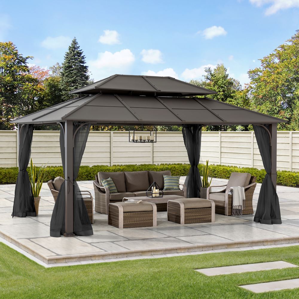Mazonvintage 12x16 Hard Top Gazebo with Steel Roof, Ceiling Hook, and Netting - Brown