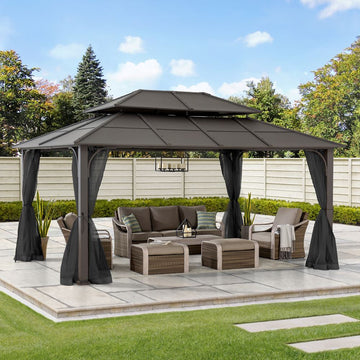Mazonvintage 12x16 Hard Top Gazebo with Steel Roof, Ceiling Hook, and Netting - Brown
