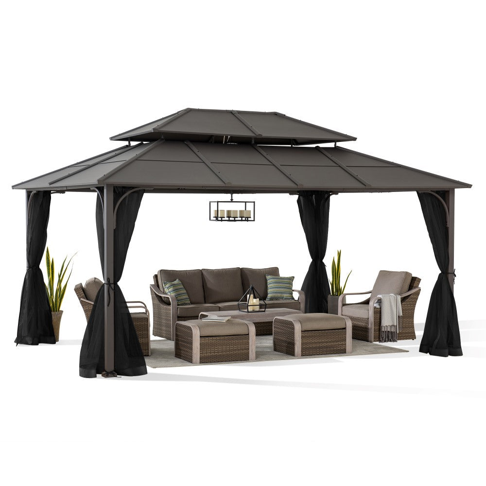 Mazonvintage 12x16 Hard Top Gazebo with Steel Roof, Ceiling Hook, and Netting - Brown