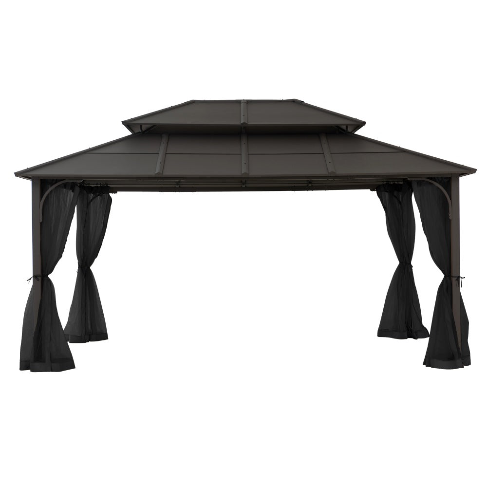 Mazonvintage 12x16 Hard Top Gazebo with Steel Roof, Ceiling Hook, and Netting - Brown