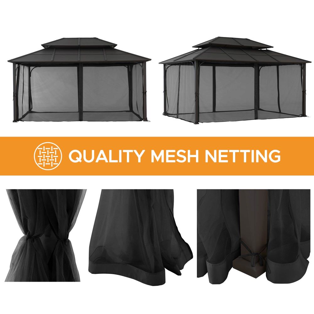 Mazonvintage 12x16 Hard Top Gazebo with Steel Roof, Ceiling Hook, and Netting - Brown