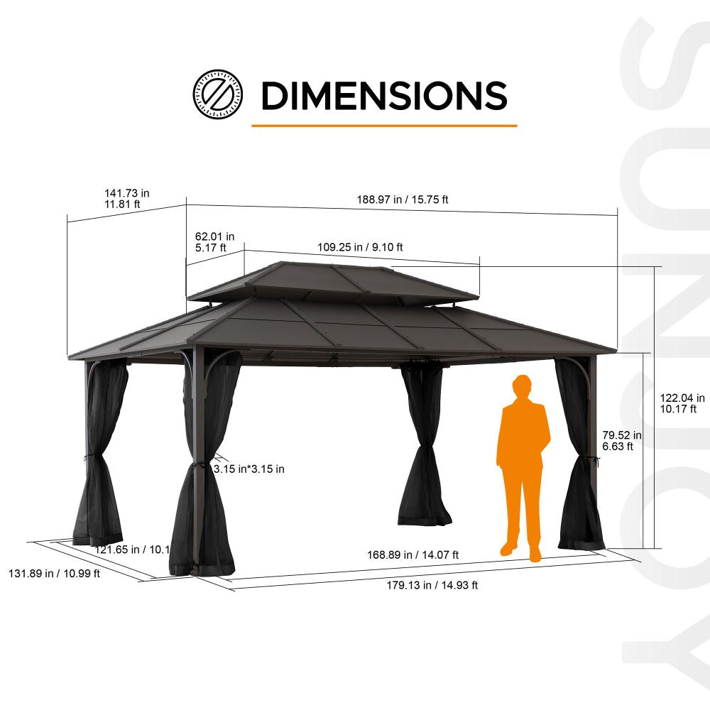 Mazonvintage 12x16 Hard Top Gazebo with Steel Roof, Ceiling Hook, and Netting - Brown