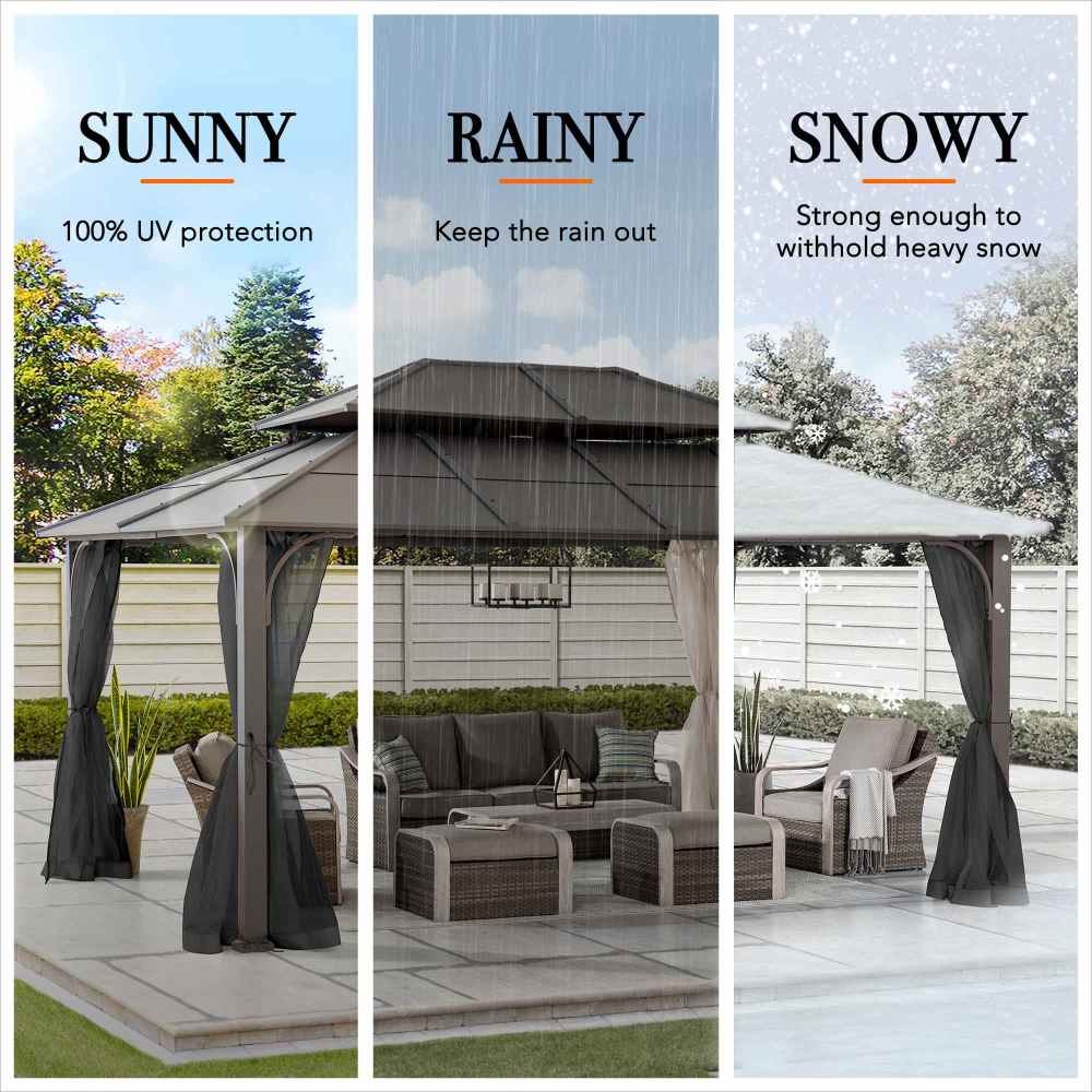 Mazonvintage 12x16 Hard Top Gazebo with Steel Roof, Ceiling Hook, and Netting - Brown