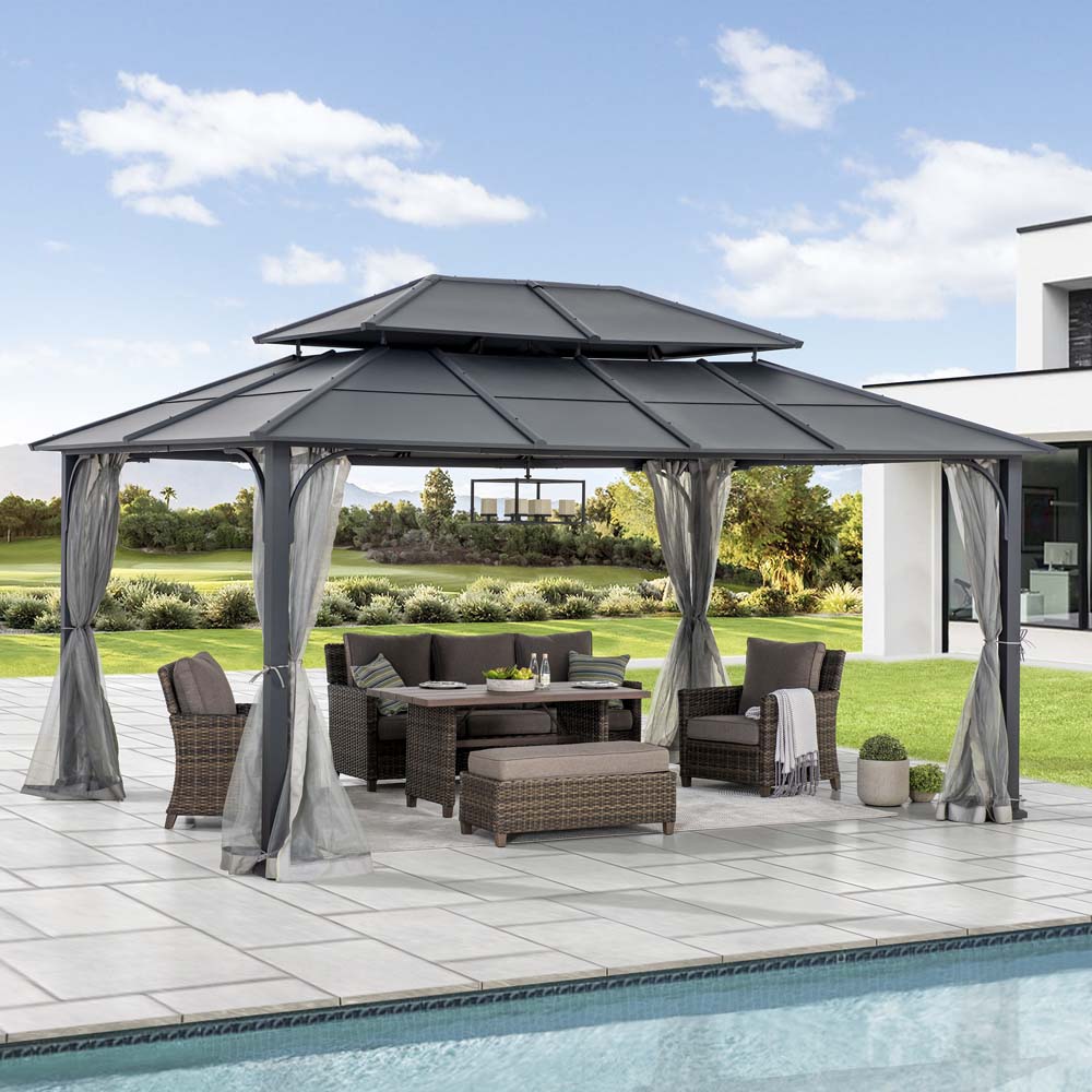 Mazonvintage 12x16 Hard Top Gazebo with Steel Roof, Ceiling Hook, and Netting - Black