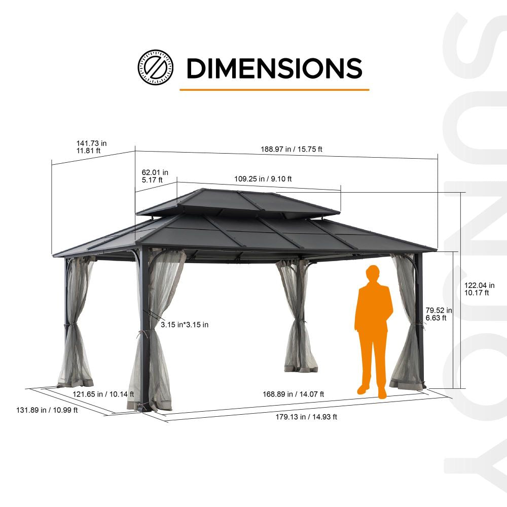 Mazonvintage 12x16 Hard Top Gazebo with Steel Roof, Ceiling Hook, and Netting - Black