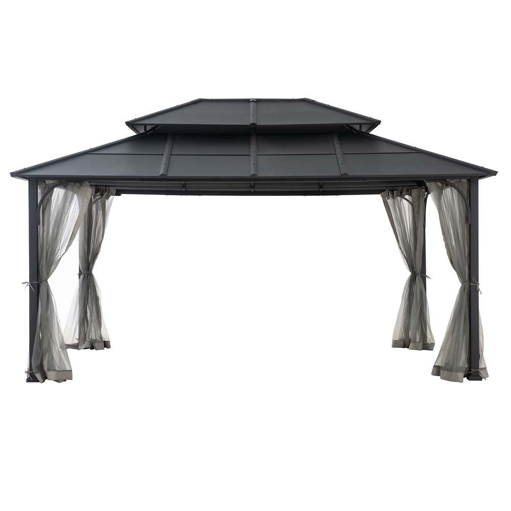 Mazonvintage 12x16 Hard Top Gazebo with Steel Roof, Ceiling Hook, and Netting - Black