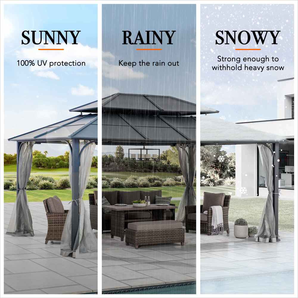 Mazonvintage 12x16 Hard Top Gazebo with Steel Roof, Ceiling Hook, and Netting - Black