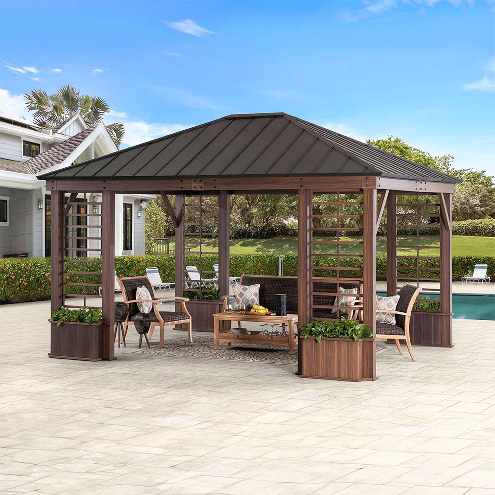 Mazonvintage 13x15 Wilmington Aluminum Frame Hardtop Gazebo with Planters