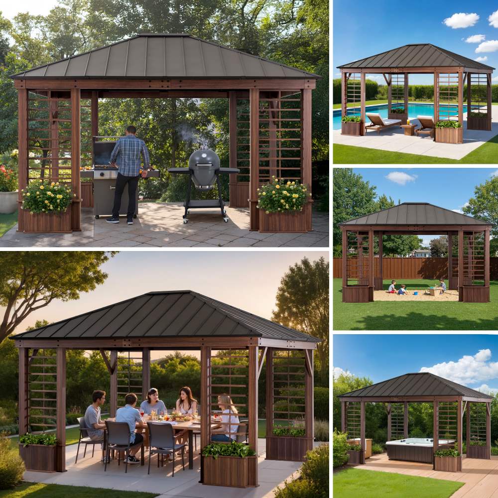 Mazonvintage 13x15 Wilmington Aluminum Frame Hardtop Gazebo with Planters