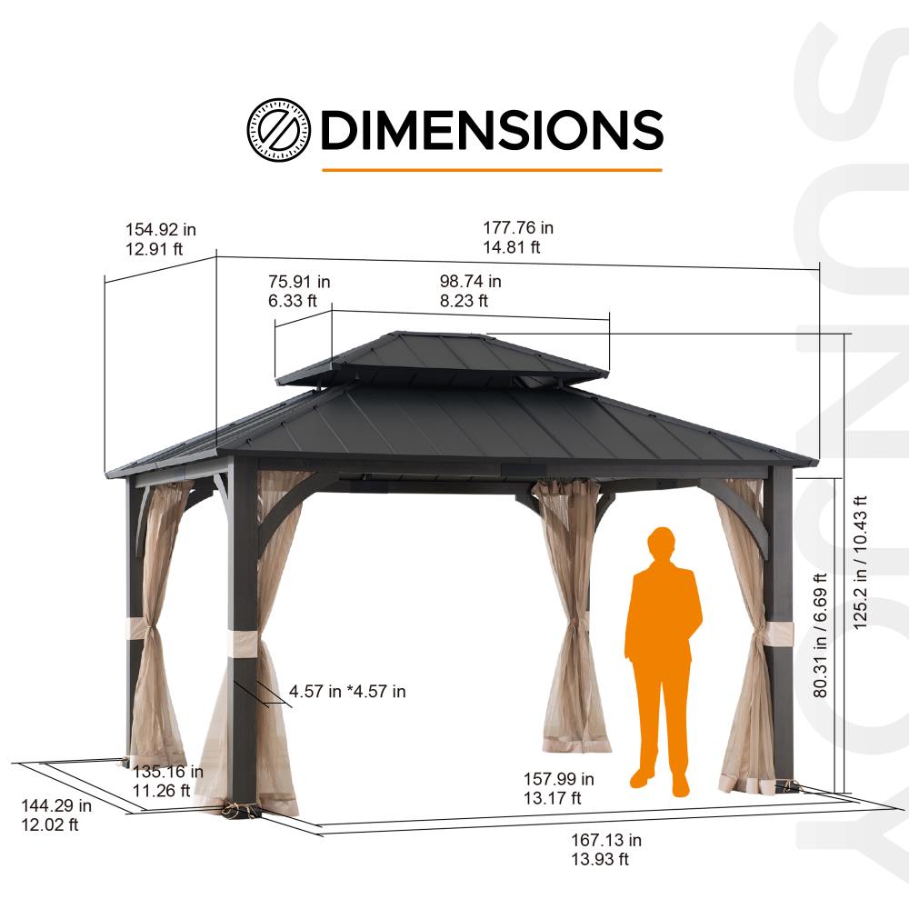 Mazonvintage 15x13 Hardtop Steel Gazebo with Netting, Ceiling Hook & Realistic Woodgrain Finish