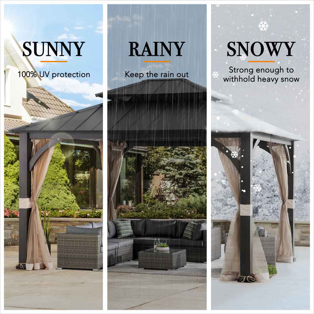 Mazonvintage 15x13 Hardtop Steel Gazebo with Netting, Ceiling Hook & Realistic Woodgrain Finish