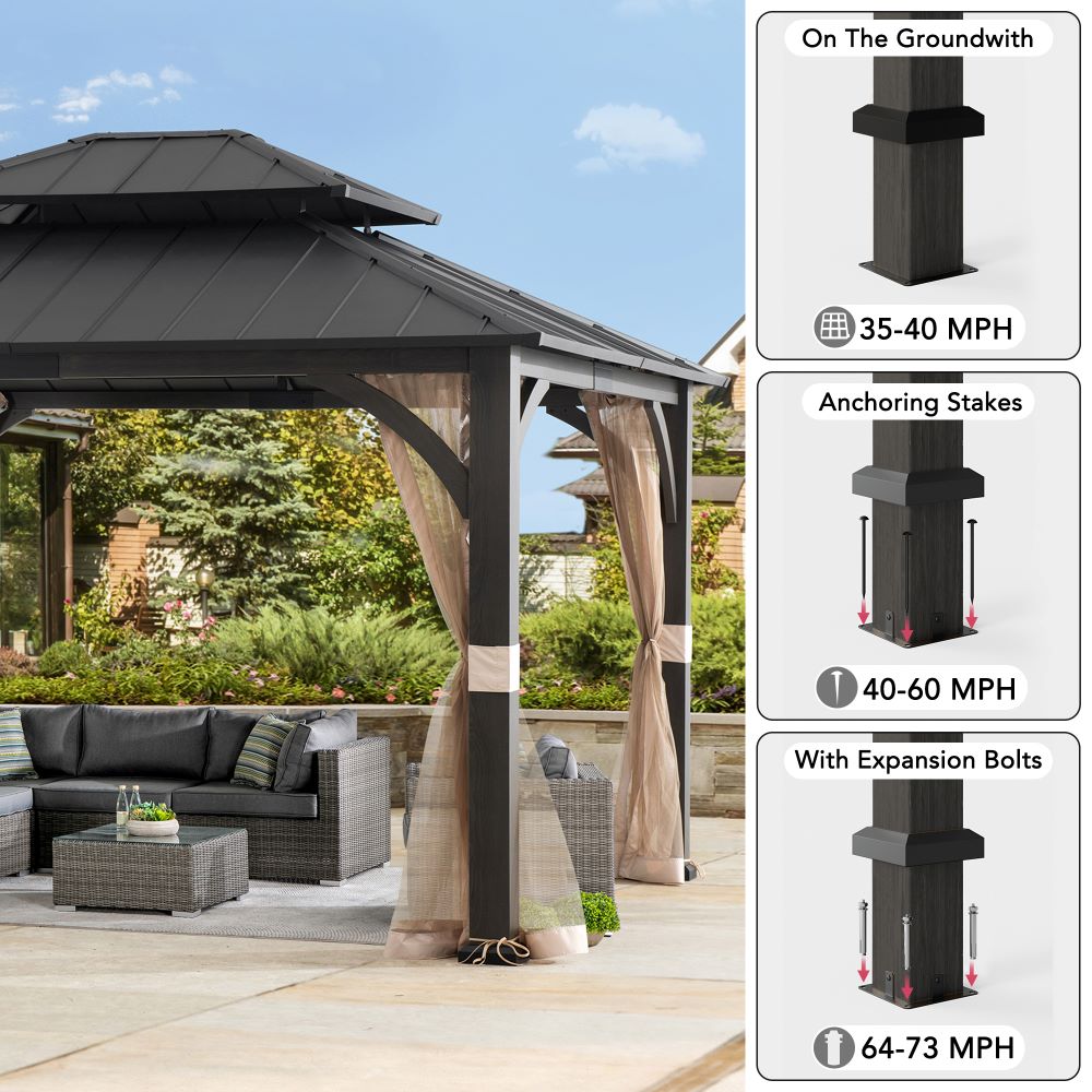 Mazonvintage 15x13 Hardtop Steel Gazebo with Netting, Ceiling Hook & Realistic Woodgrain Finish