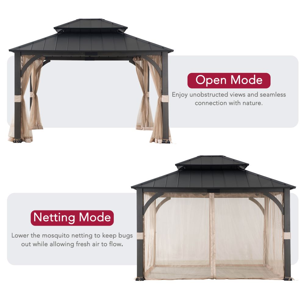 Mazonvintage 15x13 Hardtop Steel Gazebo with Netting, Ceiling Hook & Realistic Woodgrain Finish