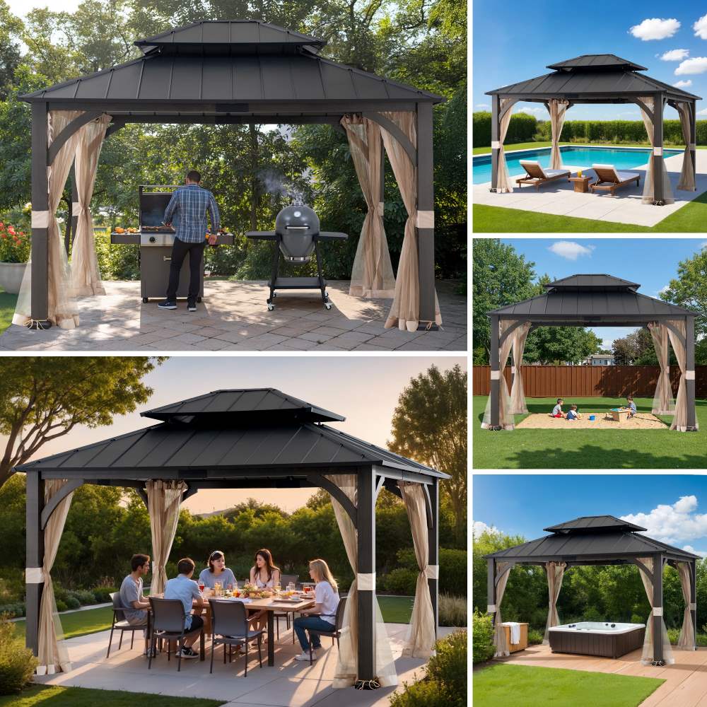 Mazonvintage 15x13 Hardtop Steel Gazebo with Netting, Ceiling Hook & Realistic Woodgrain Finish