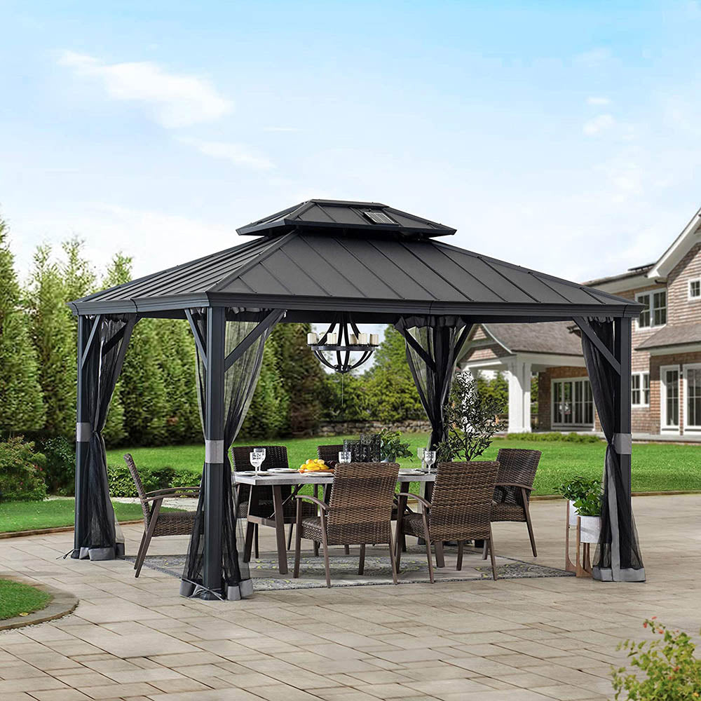 Mazonvintage 10x12 Hardtop Gazebo with Solar Panel and Netting