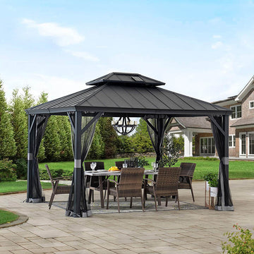 Mazonvintage 10x12 Hardtop Gazebo with Solar Panel and Netting