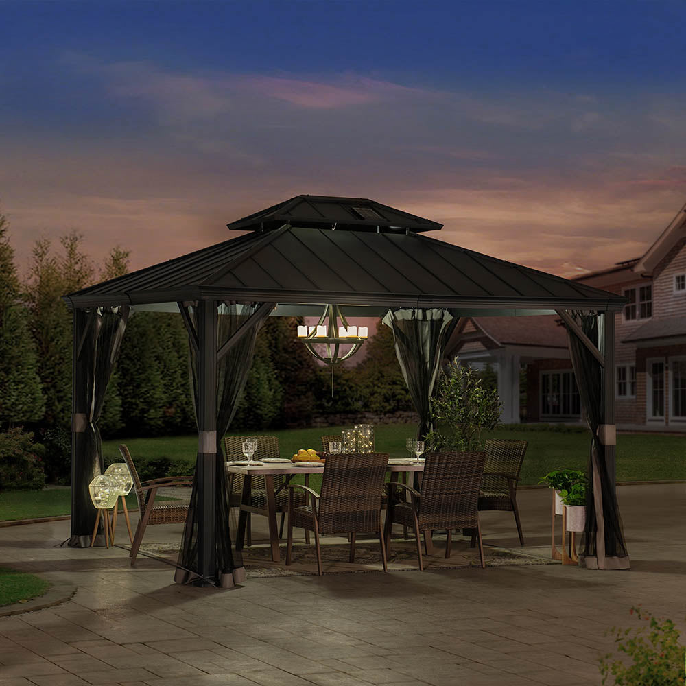 Mazonvintage 10x12 Hardtop Gazebo with Solar Panel and Netting