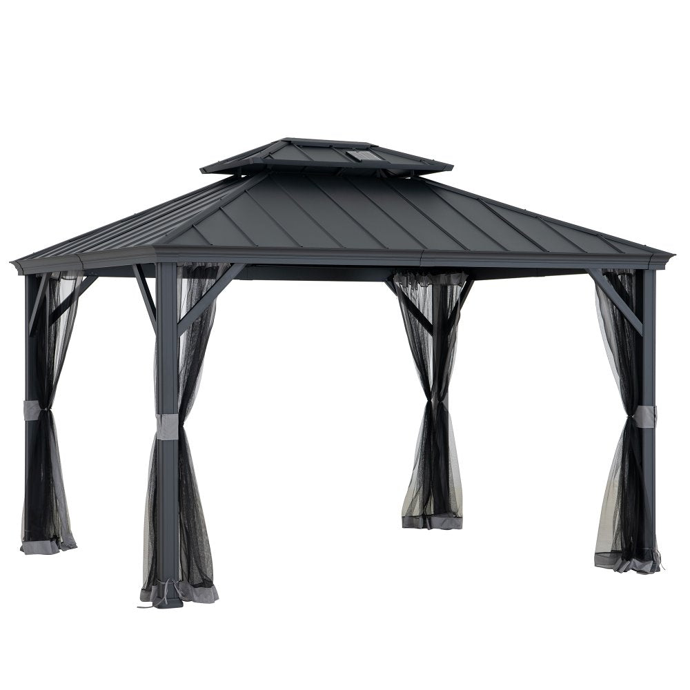 Mazonvintage 10x12 Hardtop Gazebo with Solar Panel and Netting