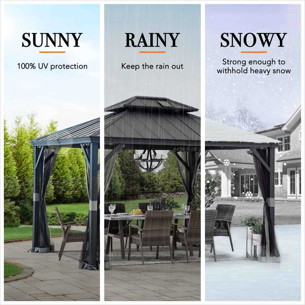 Mazonvintage 10x12 Hardtop Gazebo with Solar Panel and Netting