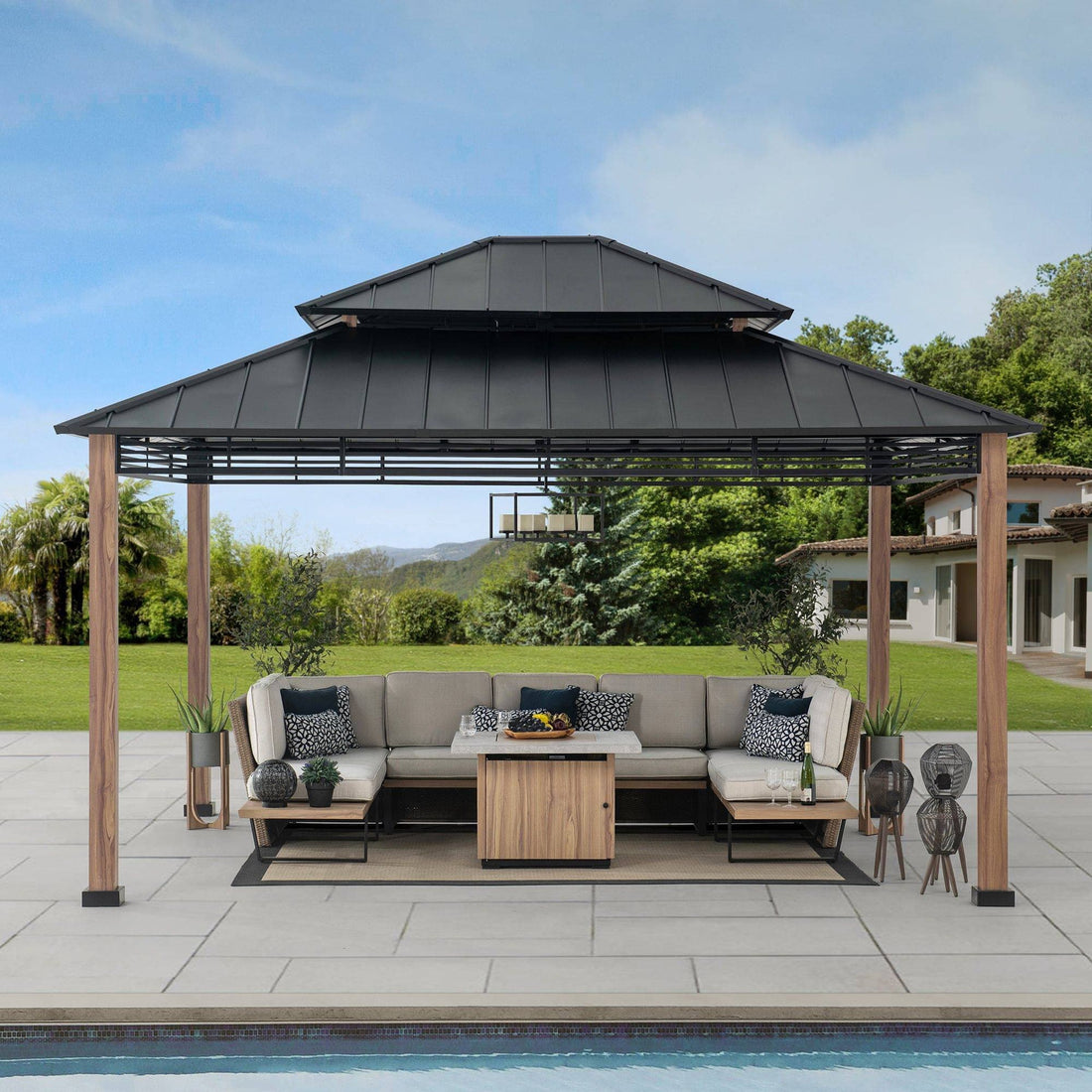 Mazonvintage 13x15 Hardtop Gazebo Outdoor Patio Black Steel Frame Gazebo with 2-Tier Steel Roof