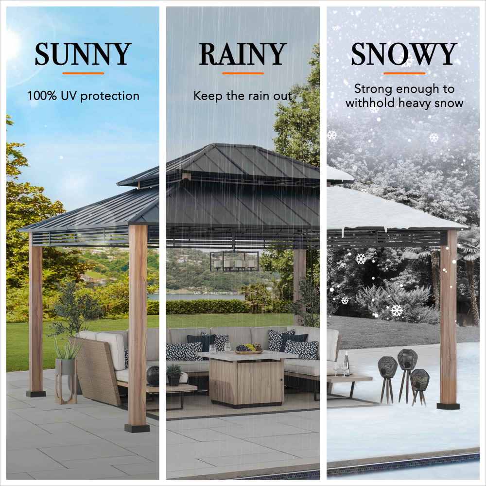 Mazonvintage 13x15 Hardtop Gazebo Outdoor Patio Black Steel Frame Gazebo with 2-Tier Steel Roof