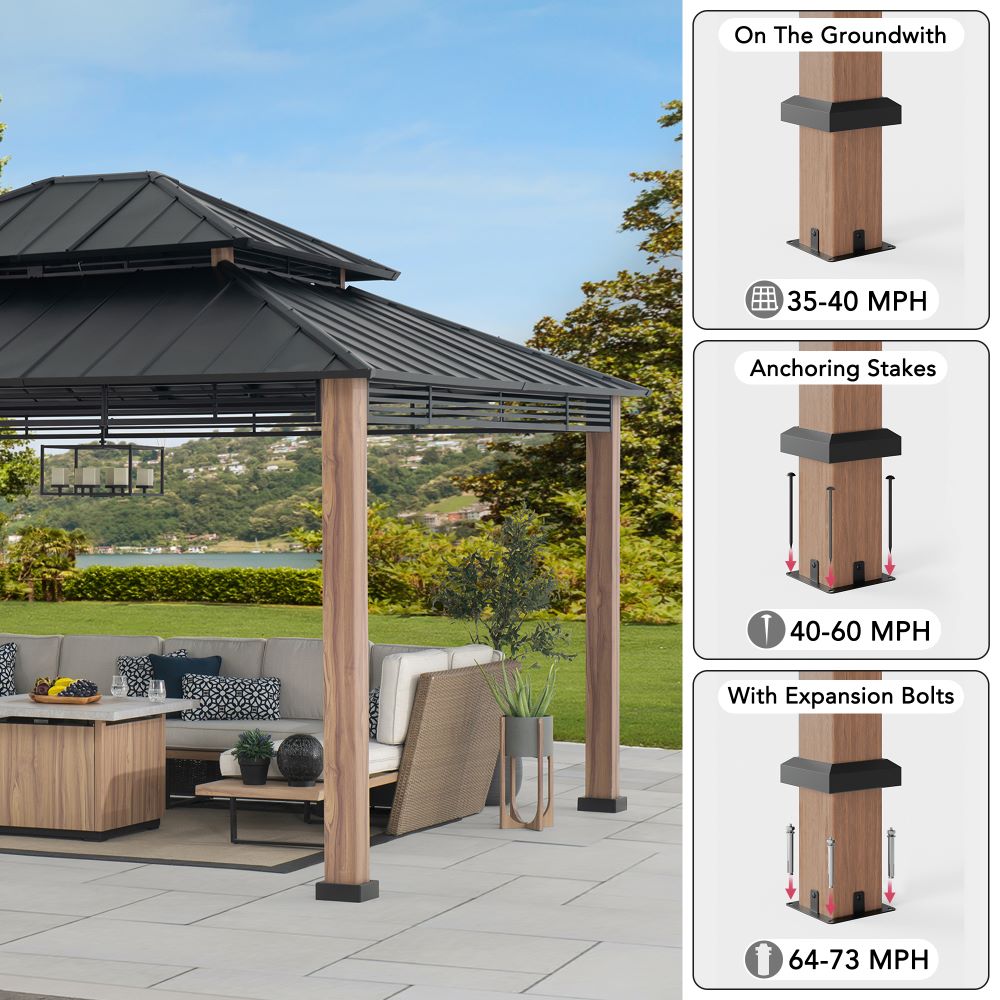 Mazonvintage 13x15 Hardtop Gazebo Outdoor Patio Black Steel Frame Gazebo with 2-Tier Steel Roof