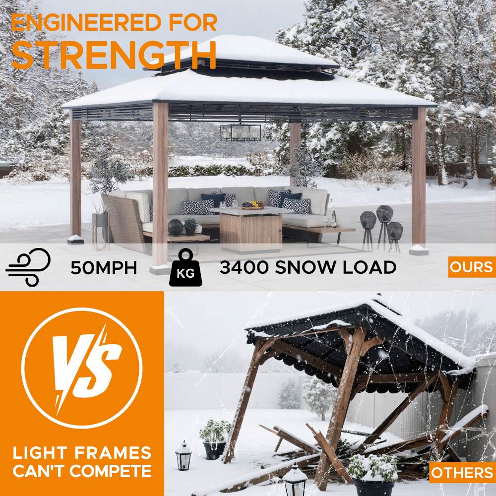 Mazonvintage 13x15 Hardtop Gazebo Outdoor Patio Black Steel Frame Gazebo with 2-Tier Steel Roof