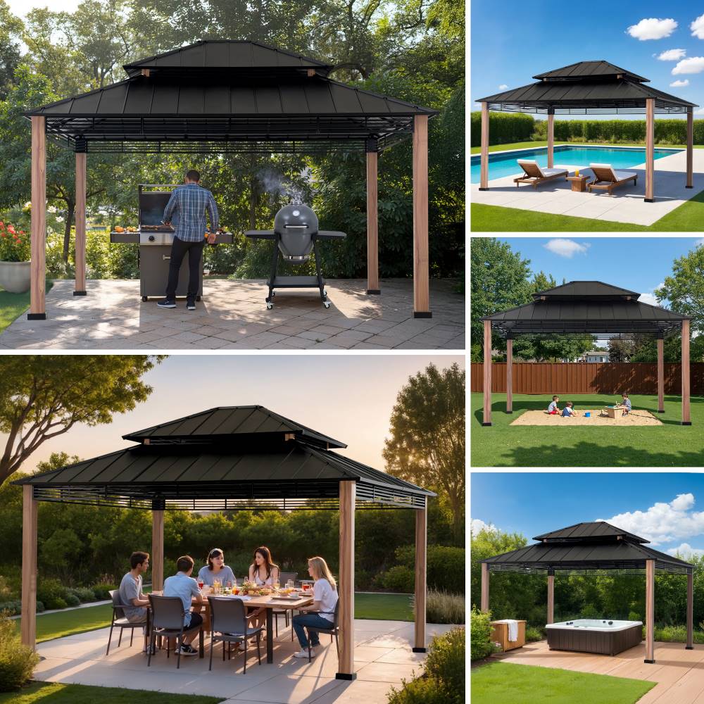 Mazonvintage 13x15 Hardtop Gazebo Outdoor Patio Black Steel Frame Gazebo with 2-Tier Steel Roof