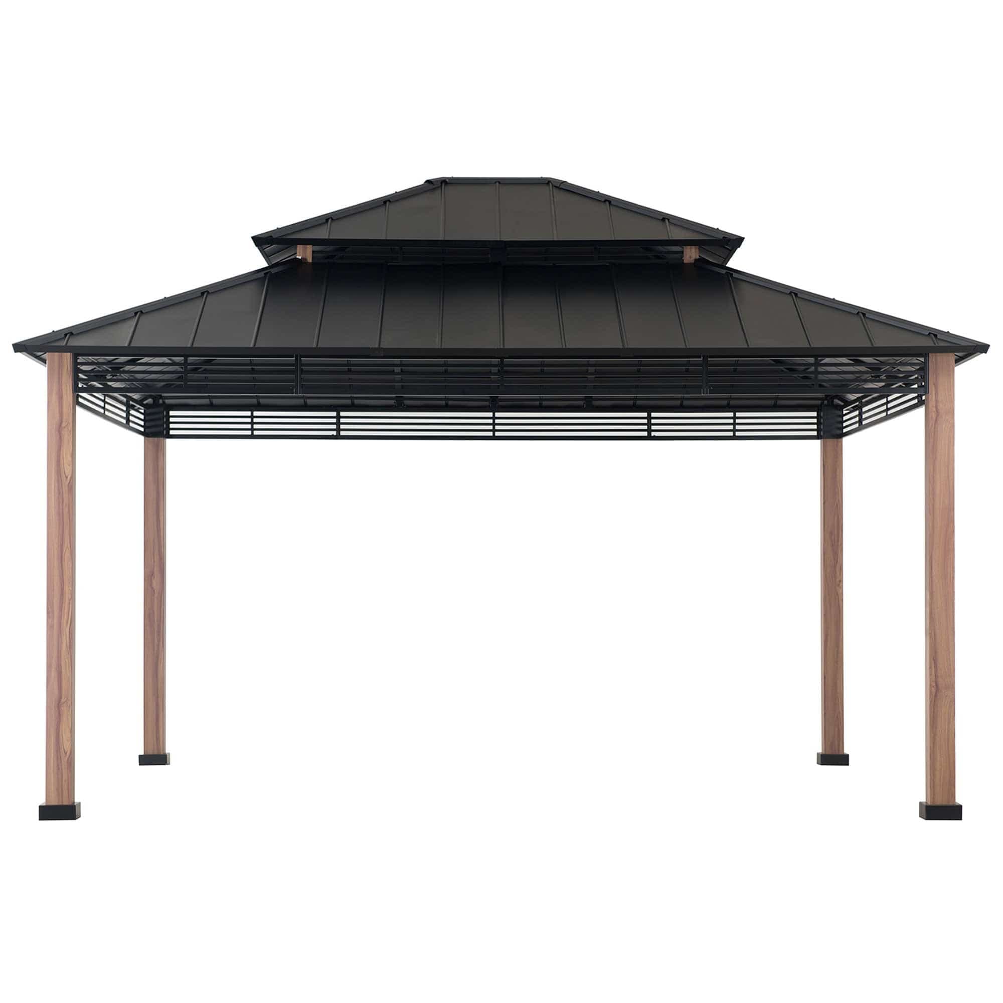 Mazonvintage 13x15 Hardtop Gazebo Outdoor Patio Black Steel Frame Gazebo with 2-Tier Steel Roof