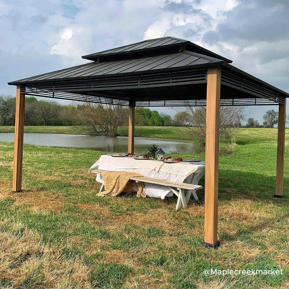 Mazonvintage 13x15 Hardtop Gazebo Outdoor Patio Black Steel Frame Gazebo with 2-Tier Steel Roof