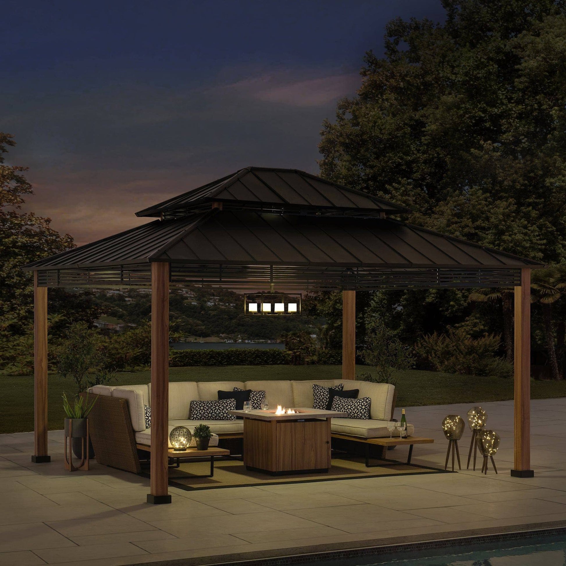 Mazonvintage 13x15 Hardtop Gazebo Outdoor Patio Black Steel Frame Gazebo with 2-Tier Steel Roof