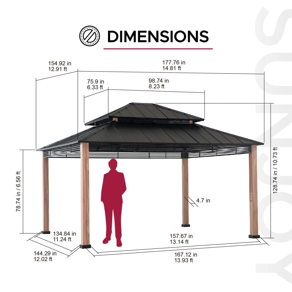 Mazonvintage 13x15 Hardtop Gazebo Outdoor Patio Black Steel Frame Gazebo with 2-Tier Steel Roof