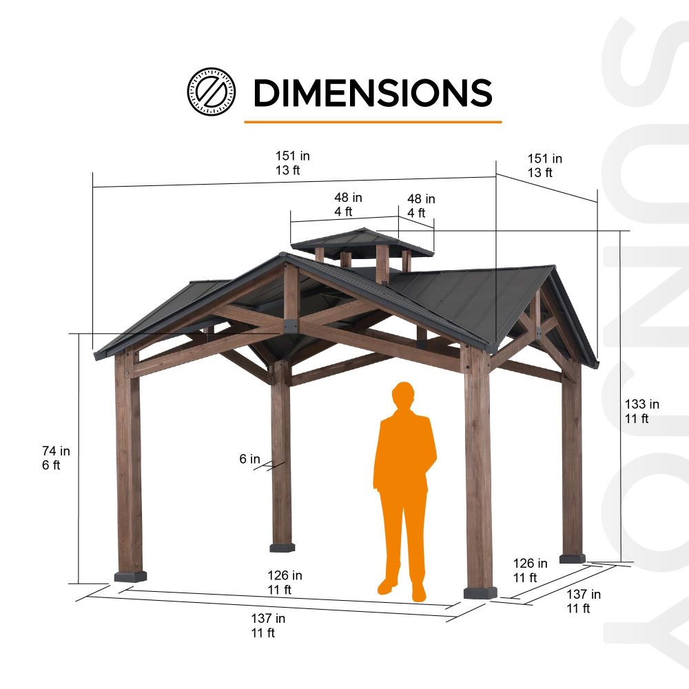 Mazonvintage 12.5x12.5 Wooden Frame Hardtop Gazebo with Ceiling Hook