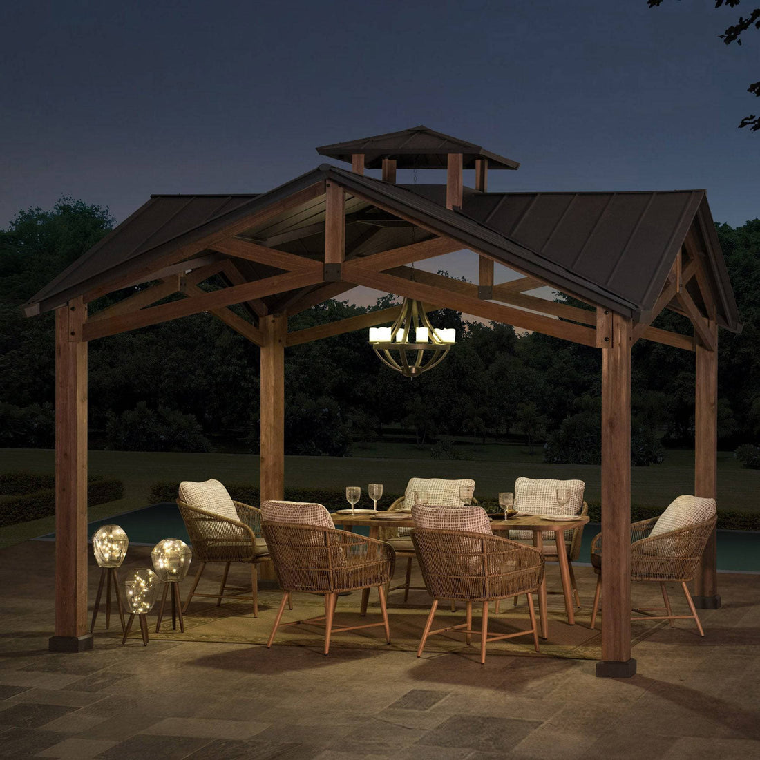 Mazonvintage 12.5x12.5 Wooden Frame Hardtop Gazebo with Ceiling Hook