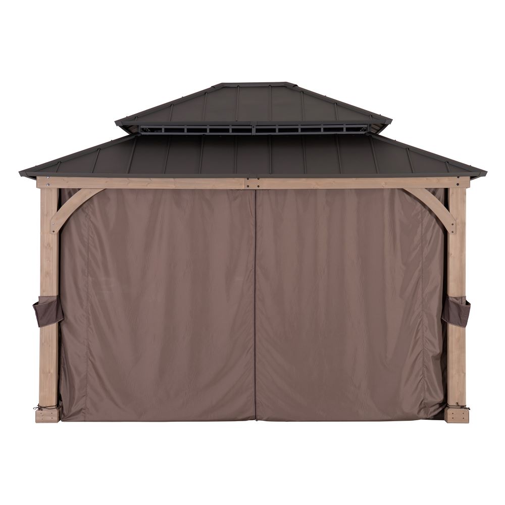Mazonvintage 11x13 Wooden Gazebo with Double Steel Roof, Nettings and Curtains - Weathered Cedar