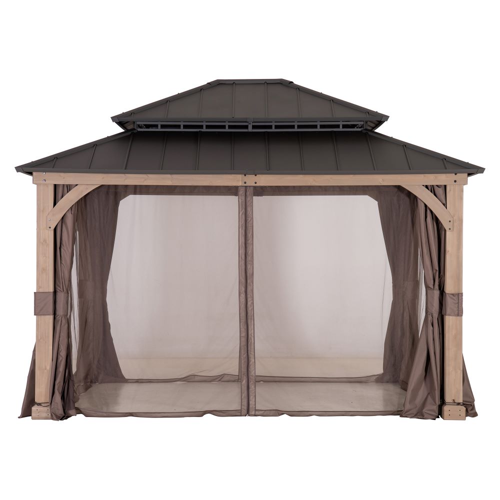 Mazonvintage 11x13 Wooden Gazebo with Double Steel Roof, Nettings and Curtains - Weathered Cedar