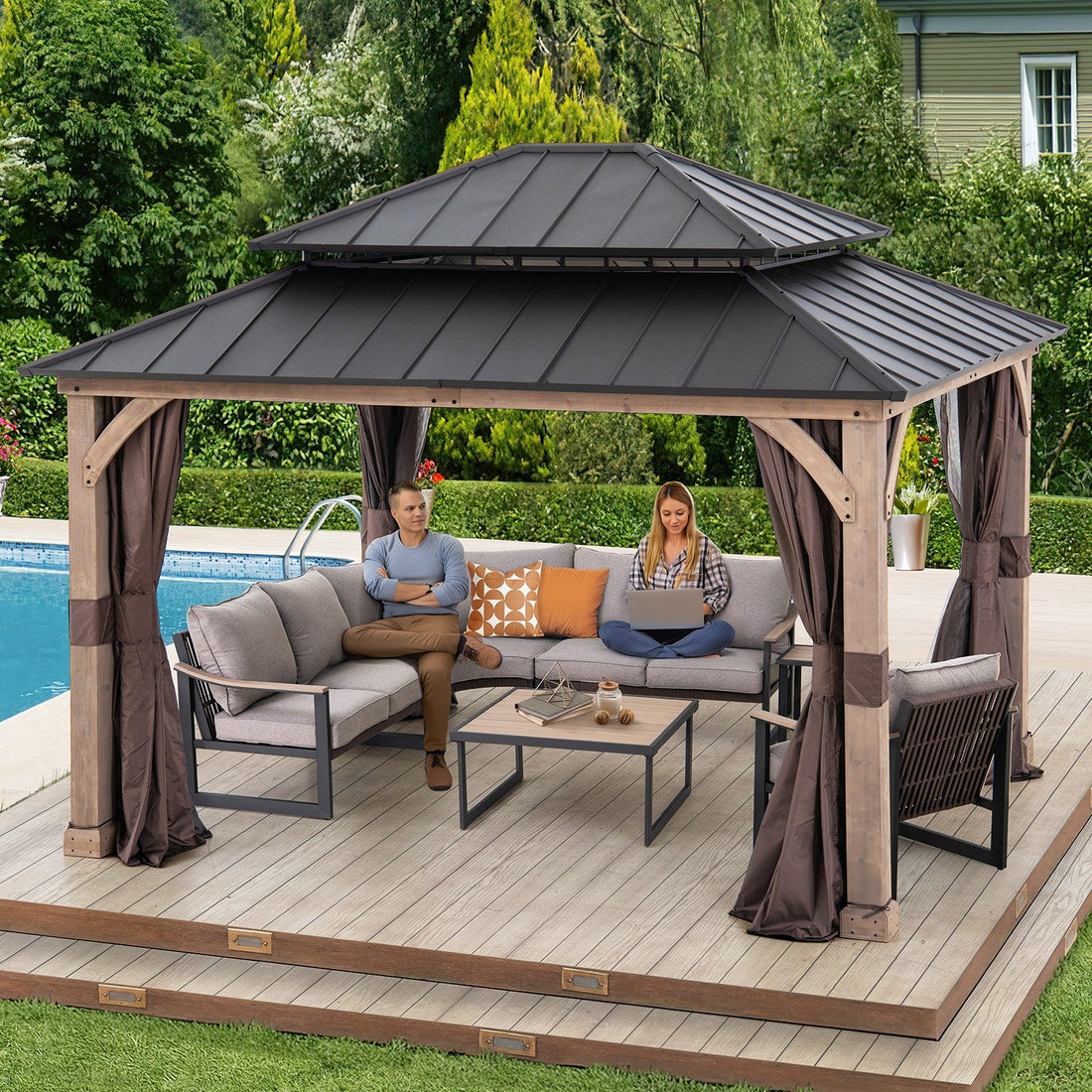 Mazonvintage 11x13 Wooden Gazebo with Double Steel Roof, Nettings and Curtains - Weathered Cedar