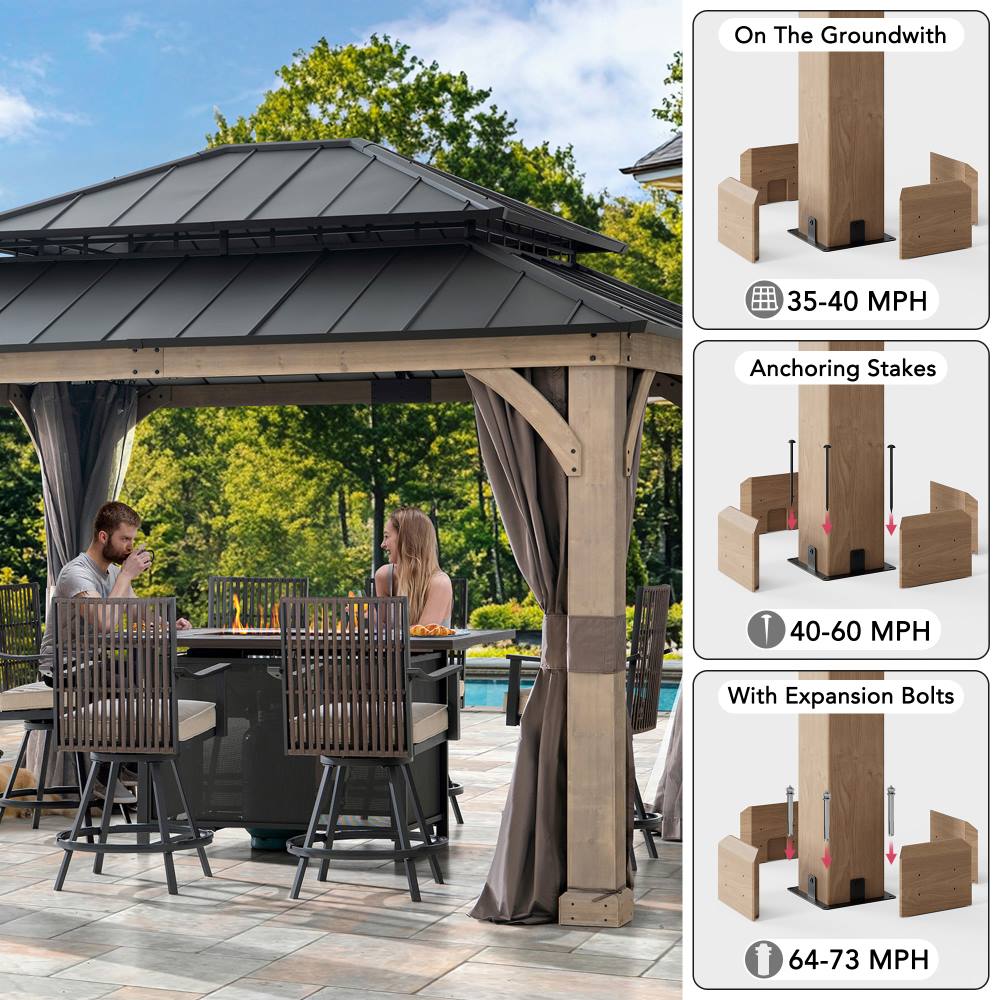 Mazonvintage 11x13 Wooden Gazebo with Double Steel Roof, Nettings and Curtains - Weathered Cedar