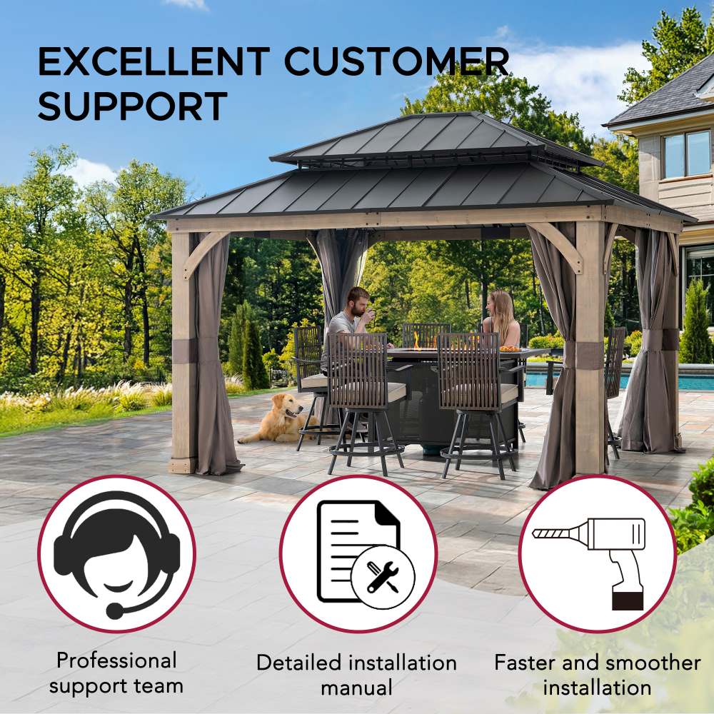 Mazonvintage 11x13 Wooden Gazebo with Double Steel Roof, Nettings and Curtains - Weathered Cedar