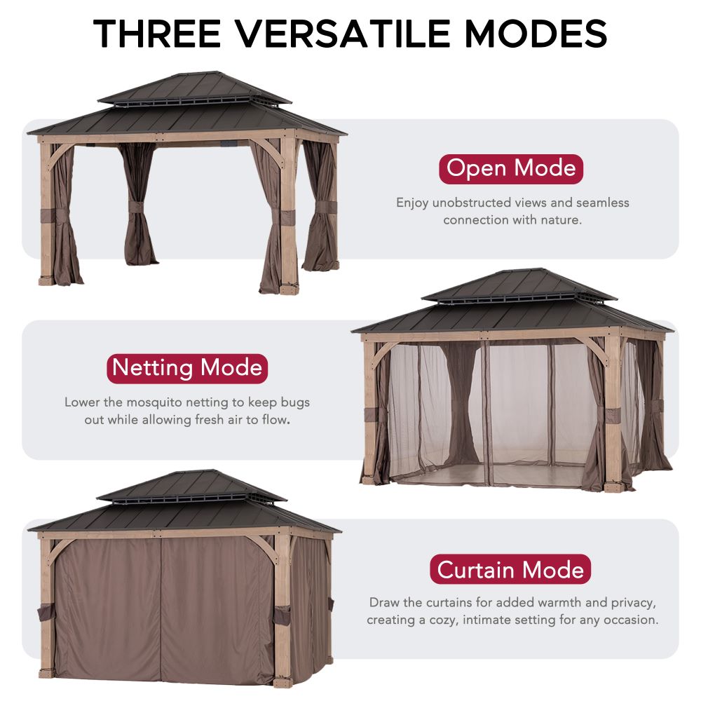 Mazonvintage 11x13 Wooden Gazebo with Double Steel Roof, Nettings and Curtains - Weathered Cedar