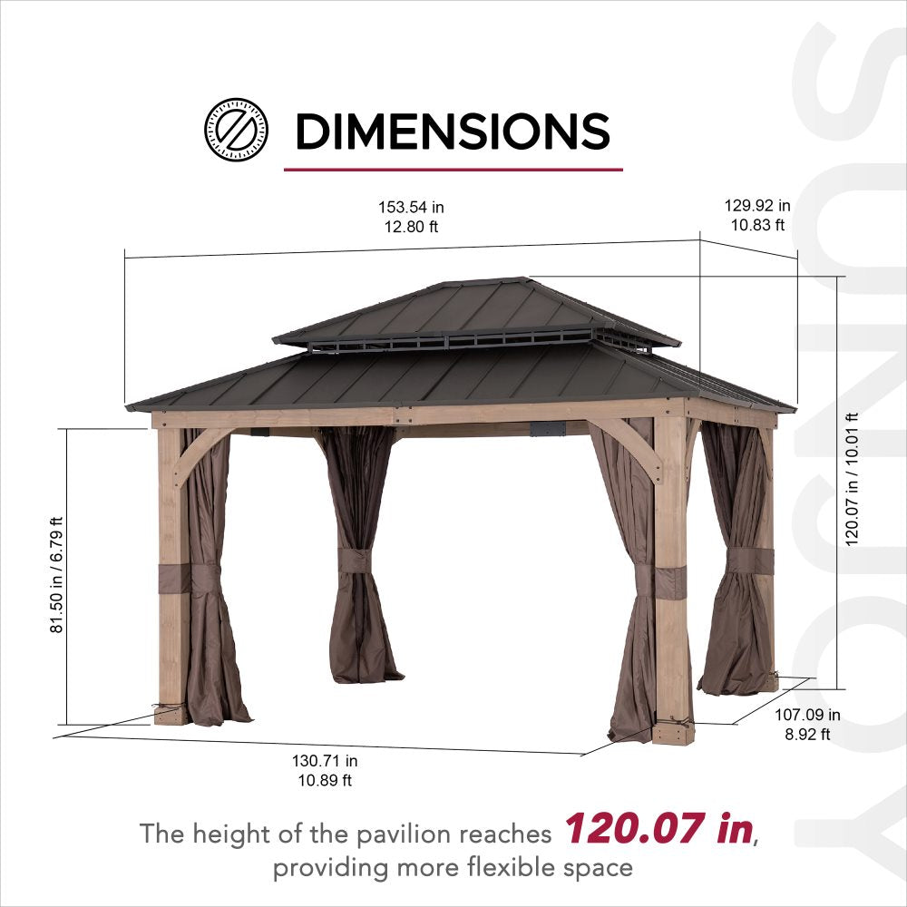 Mazonvintage 11x13 Wooden Gazebo with Double Steel Roof, Nettings and Curtains - Weathered Cedar