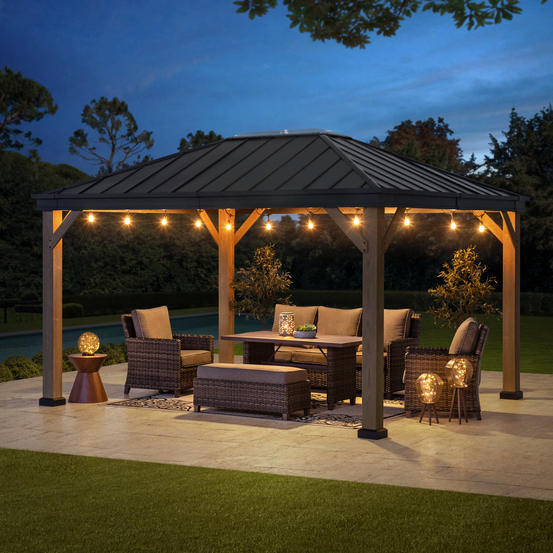 Mazonvintage 11x13 Black Steel Hardtop Gazebo with Skylight