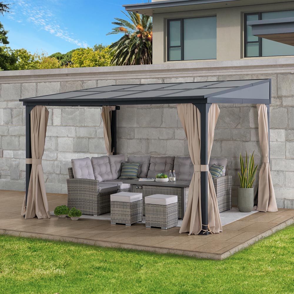 Mazonvintage 10x12 Polycarbonate Roof Wall Mounted Gazebo, Lean to Gazebo with Curtain and Netting