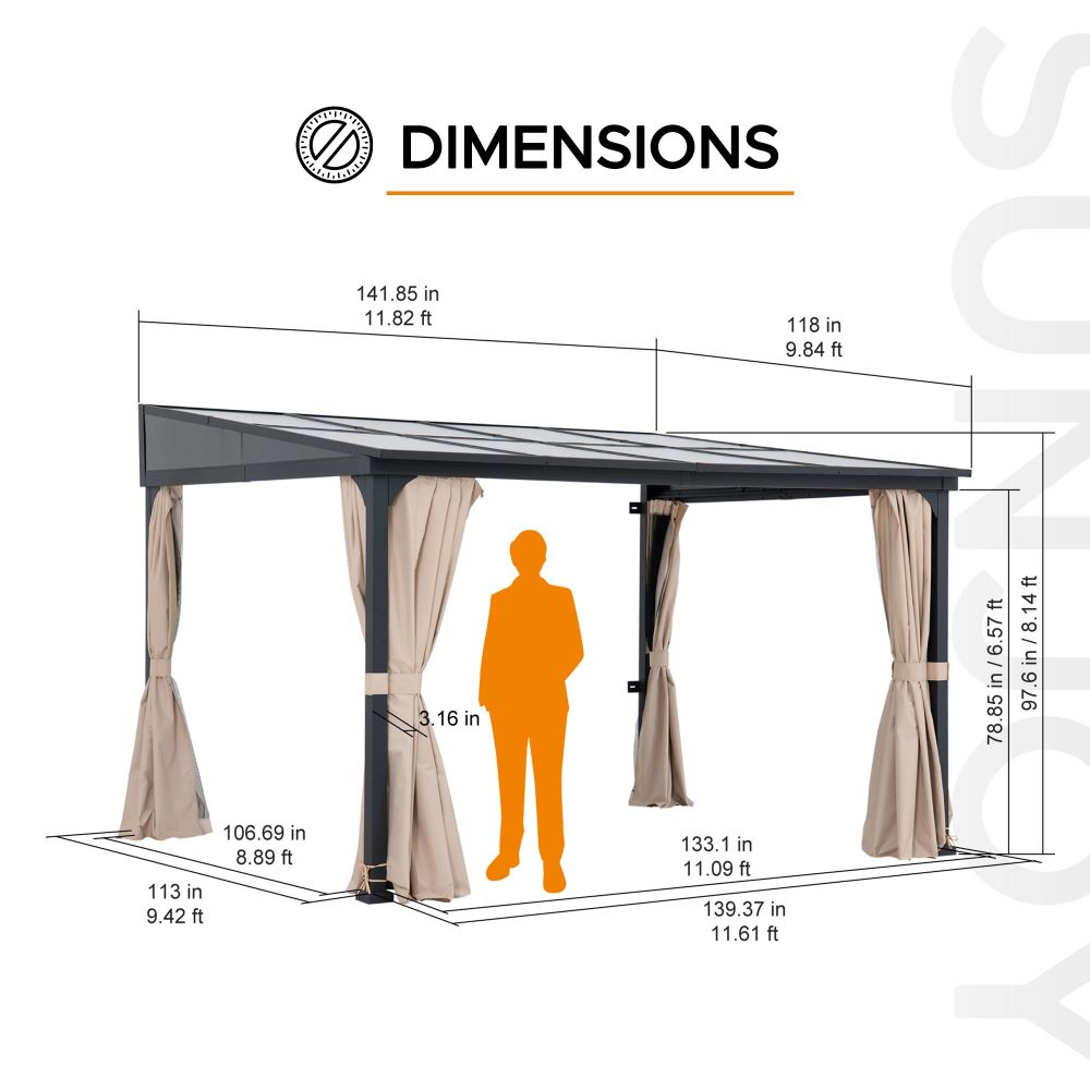 Mazonvintage 10x12 Polycarbonate Roof Wall Mounted Gazebo, Lean to Gazebo with Curtain and Netting