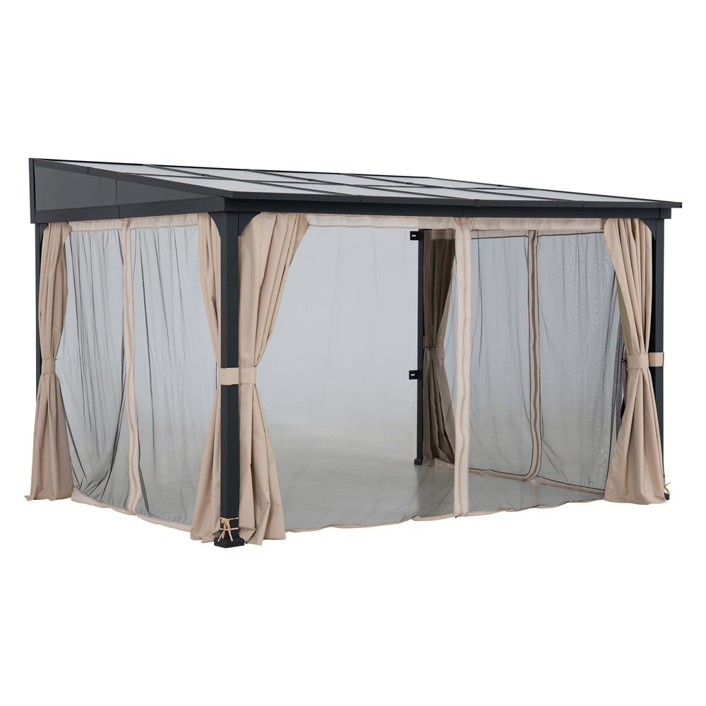 Mazonvintage 10x12 Polycarbonate Roof Wall Mounted Gazebo, Lean to Gazebo with Curtain and Netting